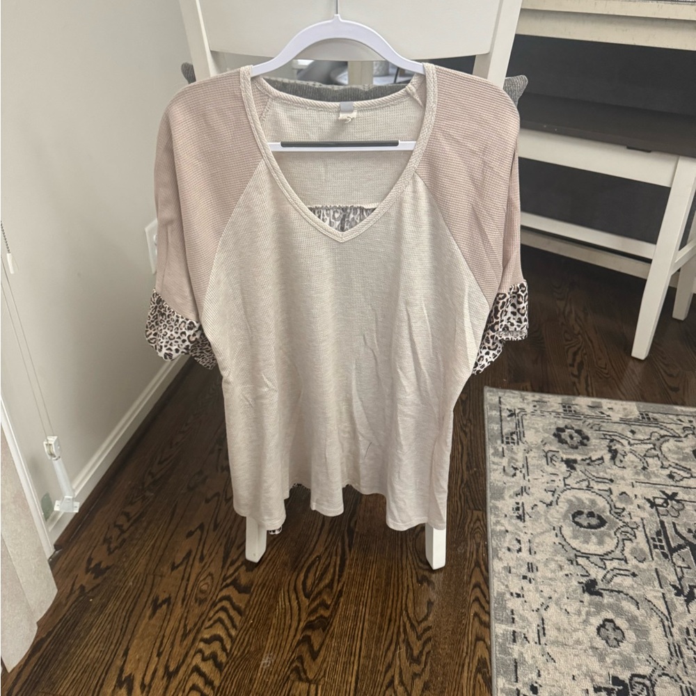 Stylish Beige Top with Leopard Print Sleeves